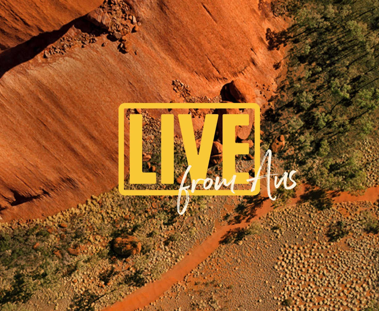 Live From Australia logo ontop of a photo of the Australian outback