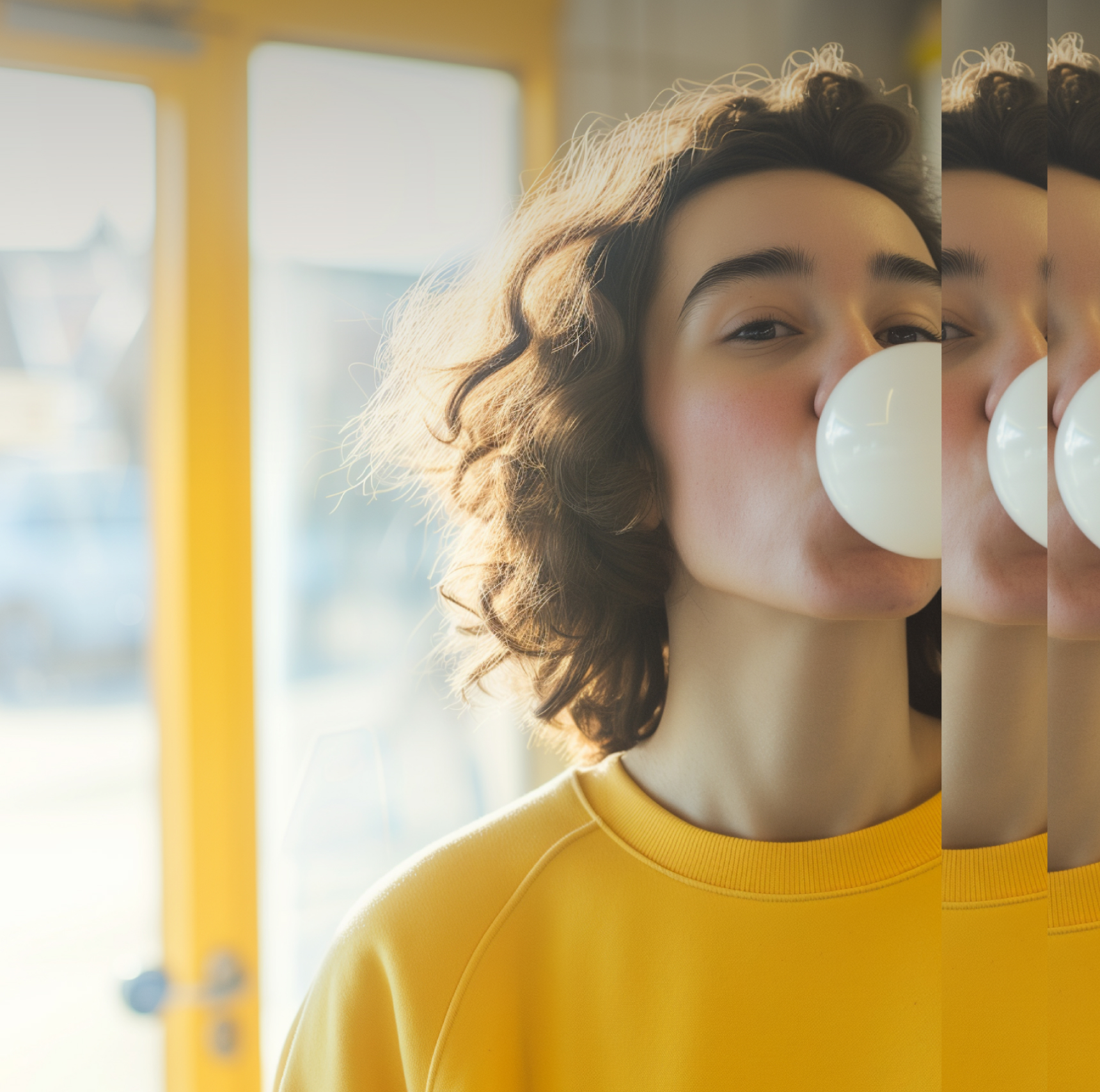 Boy with long hair wearing a yellow jumper looking at the camera whilst blowing a bubble with bubble gum