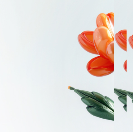 Balloon sculpture of an orange flower with the text 'Delivering impact across the connected ecosystem' displayed next to it