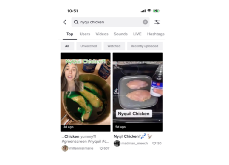 Screenshot of TikTok search results for 'nyqu chicken'