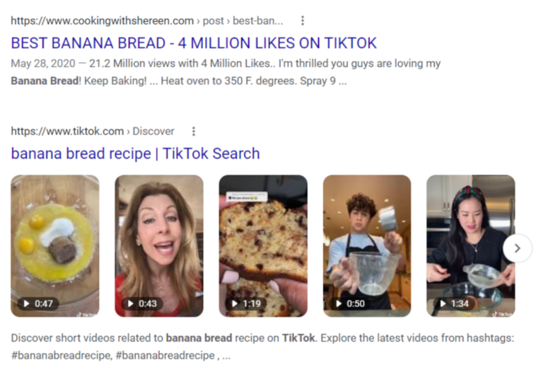 Screenshot of search results for 'banana bread' in which the results are a recipe-heavy website and 5 TikTok videos.