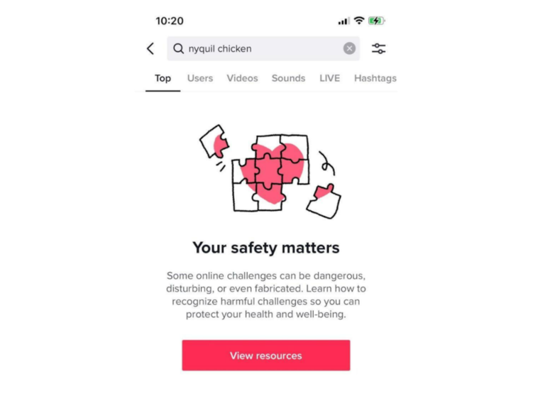 TikTok's warning message to a direct search for NyQuil Chicken recipe for NyQuil