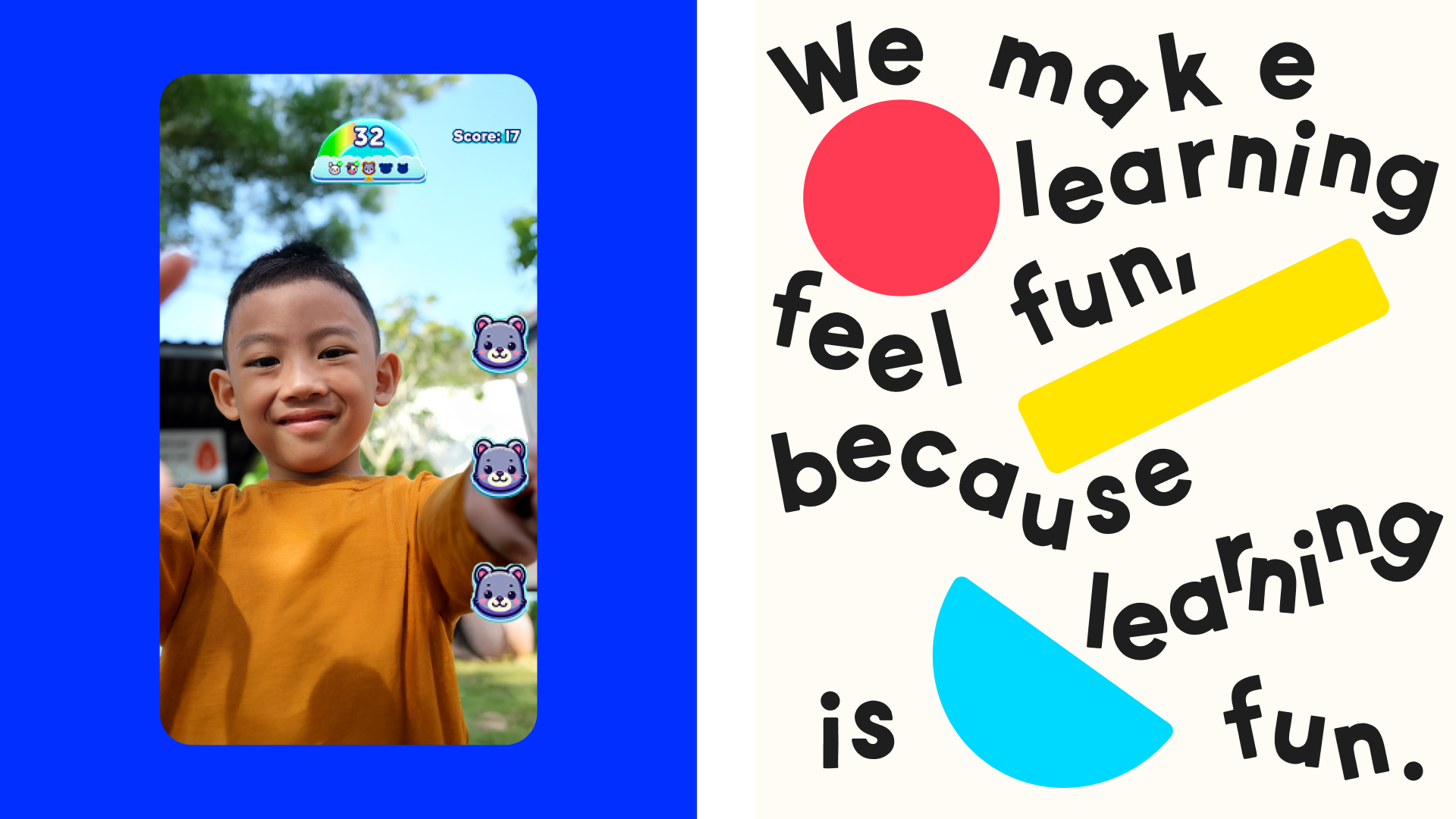Boy on screen wearing orange t-shirt, we make learning feel fun because learning is fun