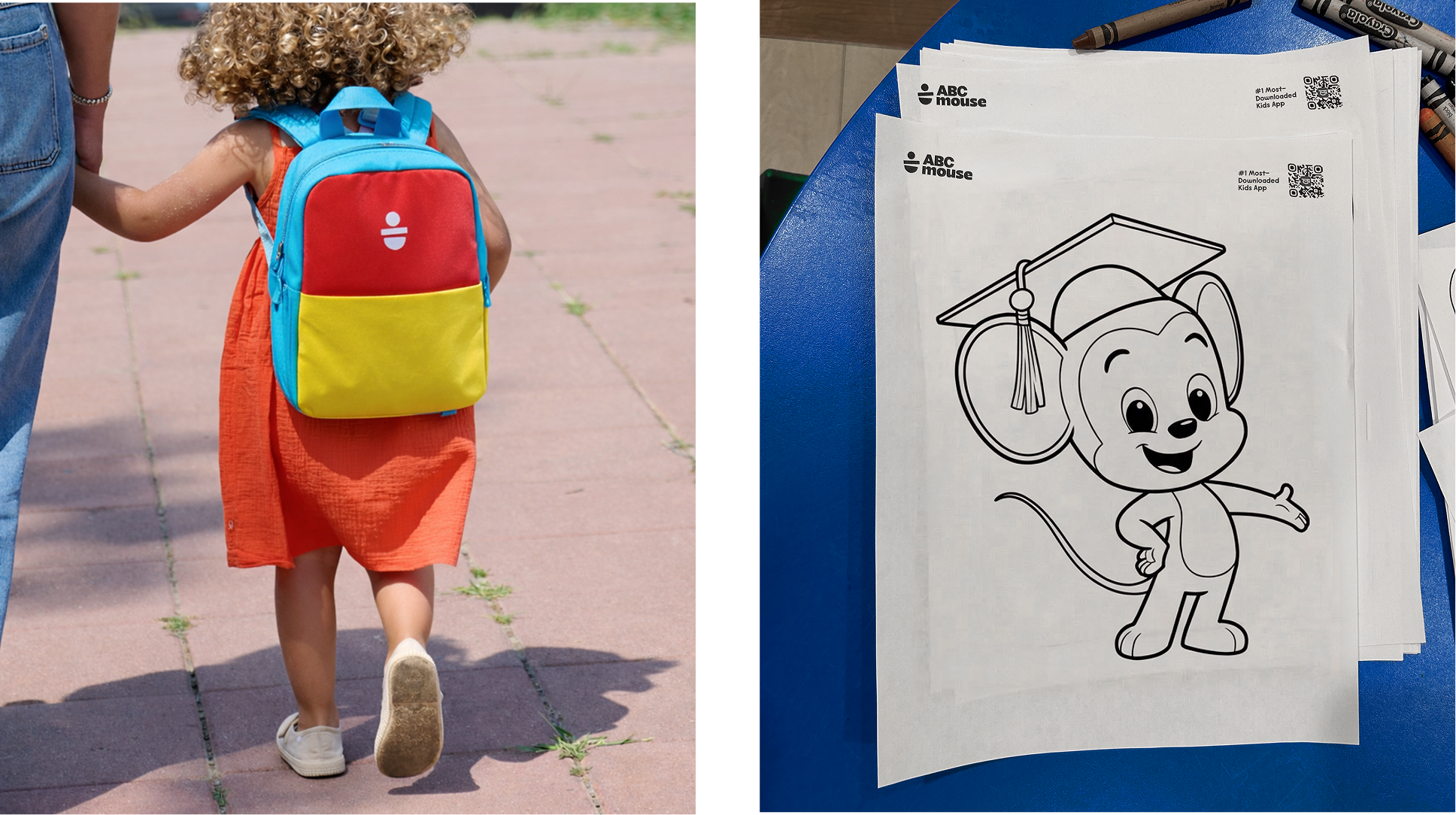 Girl wearing backpack, printed paper with graduating mouse