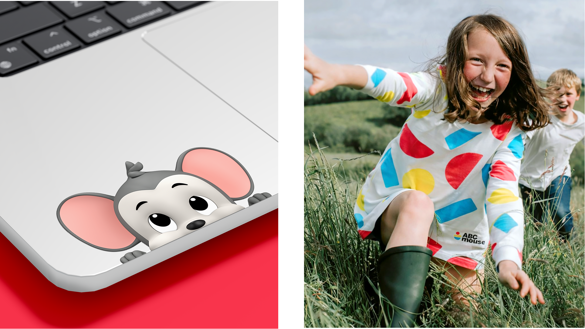 Mouse sticker on laptop, girl playing in grass with little brother in background.